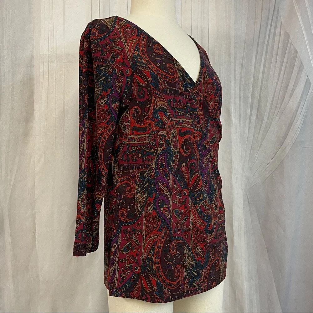 Chaps Multicolor Paisley V-Neck Blouse Vibrant Design Office Business Top Tunic - Picture 2 of 8